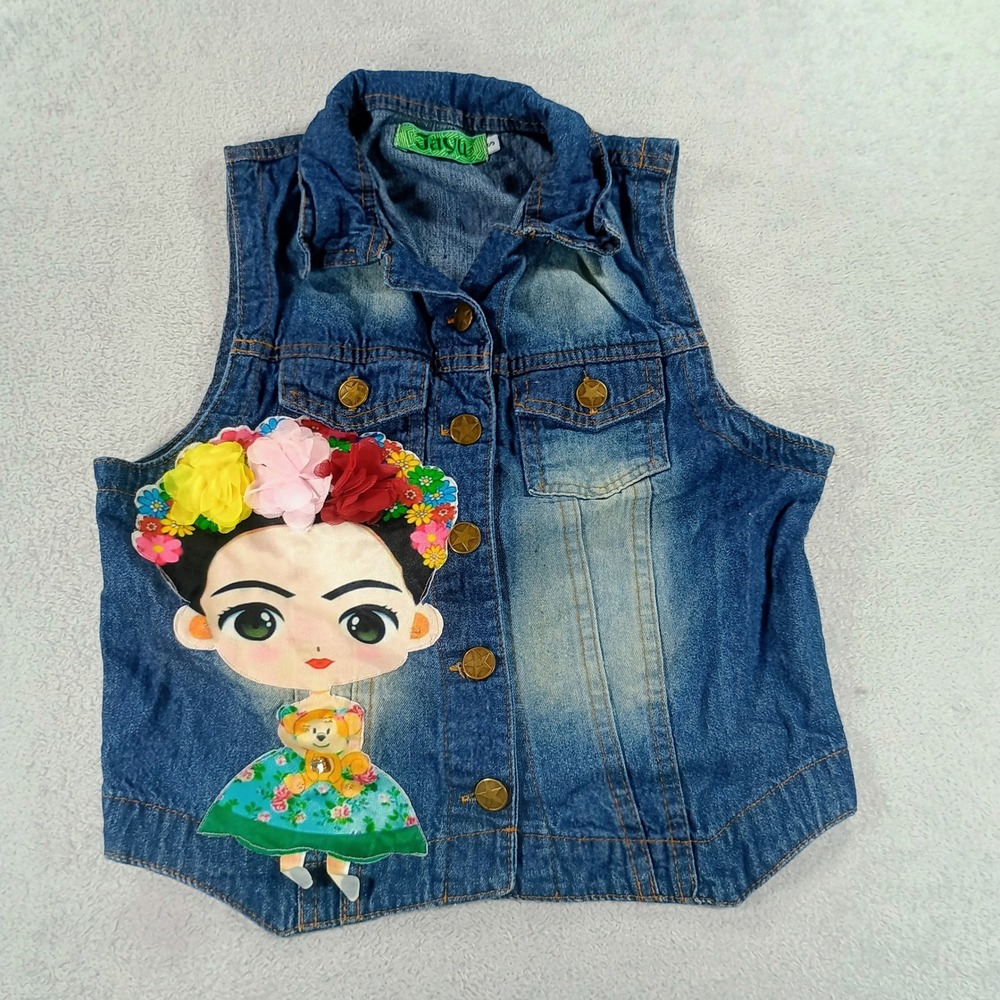 Jayu‎ Womens Denim Vest Blue S Frida Kahlo Graphic 3D Flowers Star Buttons